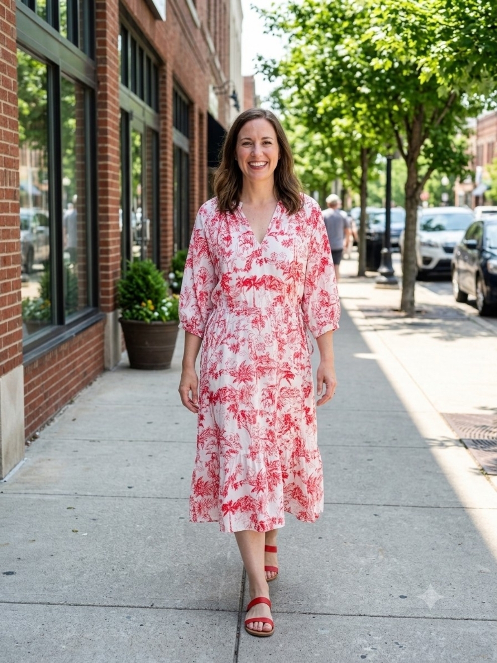 Red Floral V-Neck Midi Dress in White